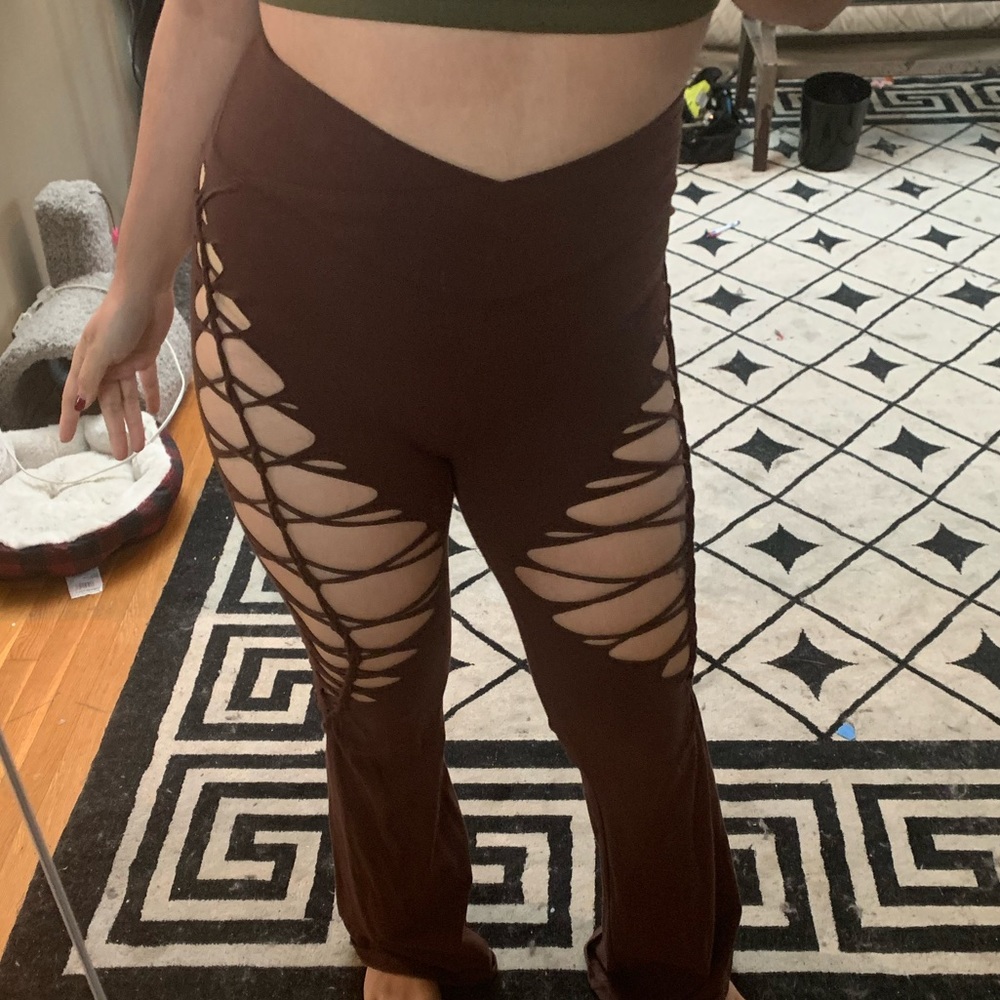 Slitweave flare pants bell bottoms brown cotton spandex.